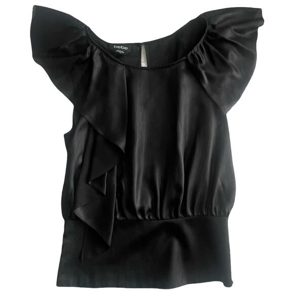 Y2K Bebe Black Sheer Ruffle Flutter Sleeve Blouse S/P - Picture 1 of 6